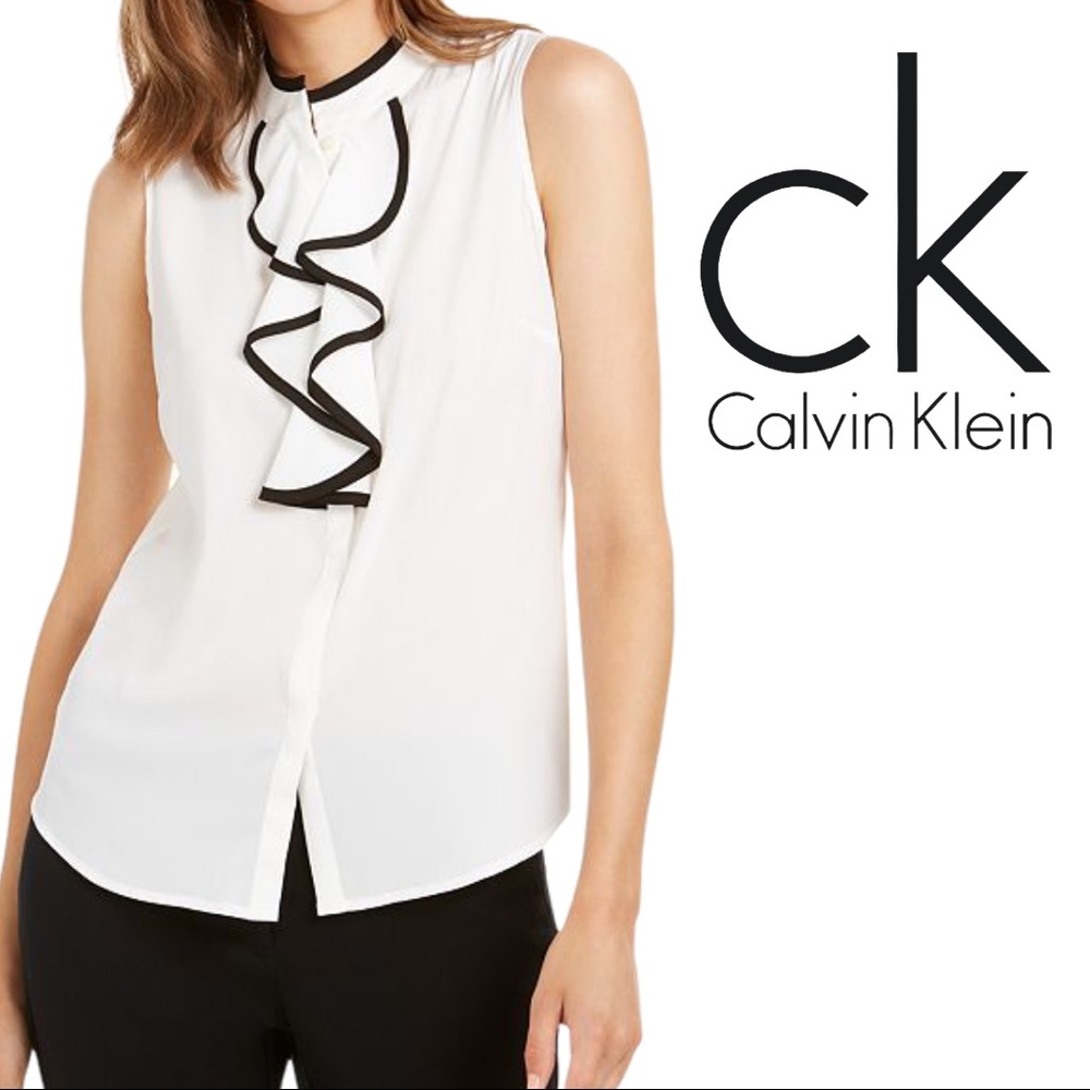 Calvin Klein Sleeveless Piped Ruffle Button Blouse